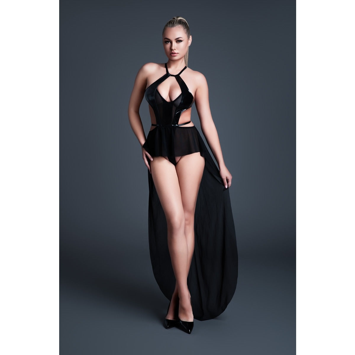 Allure Take Me Latex Look Vinyl & Mesh Bodysuit with Flirty Skirt S