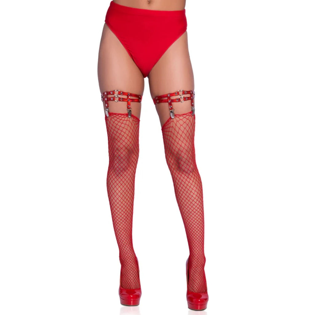 Studded Thigh High Garter with Mini Hearts Red OS