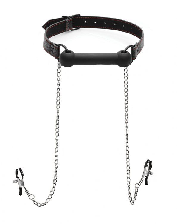 Strict Silicone Bit Gag with Nipple Clamps