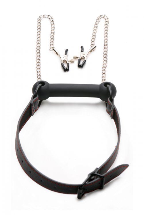 Strict Silicone Bit Gag with Nipple Clamps