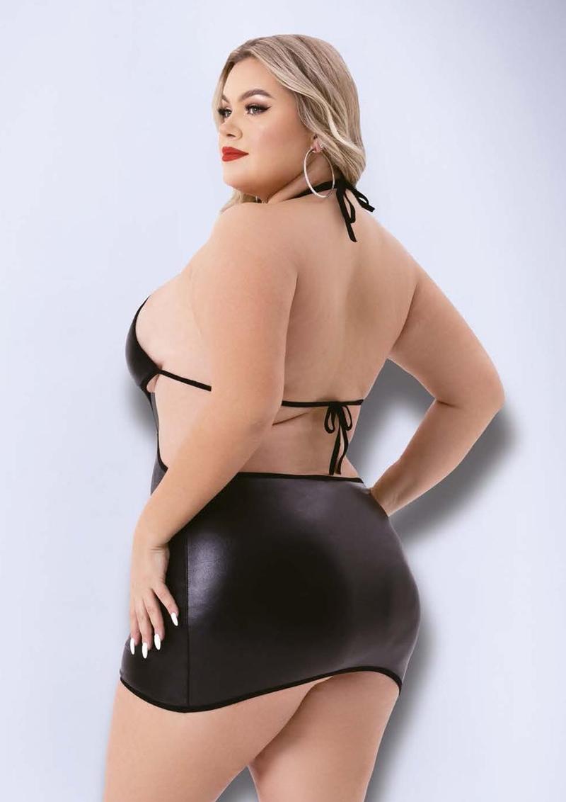 Baci Criss Cross Wetlook Halter Mini Dress Black Queen Size