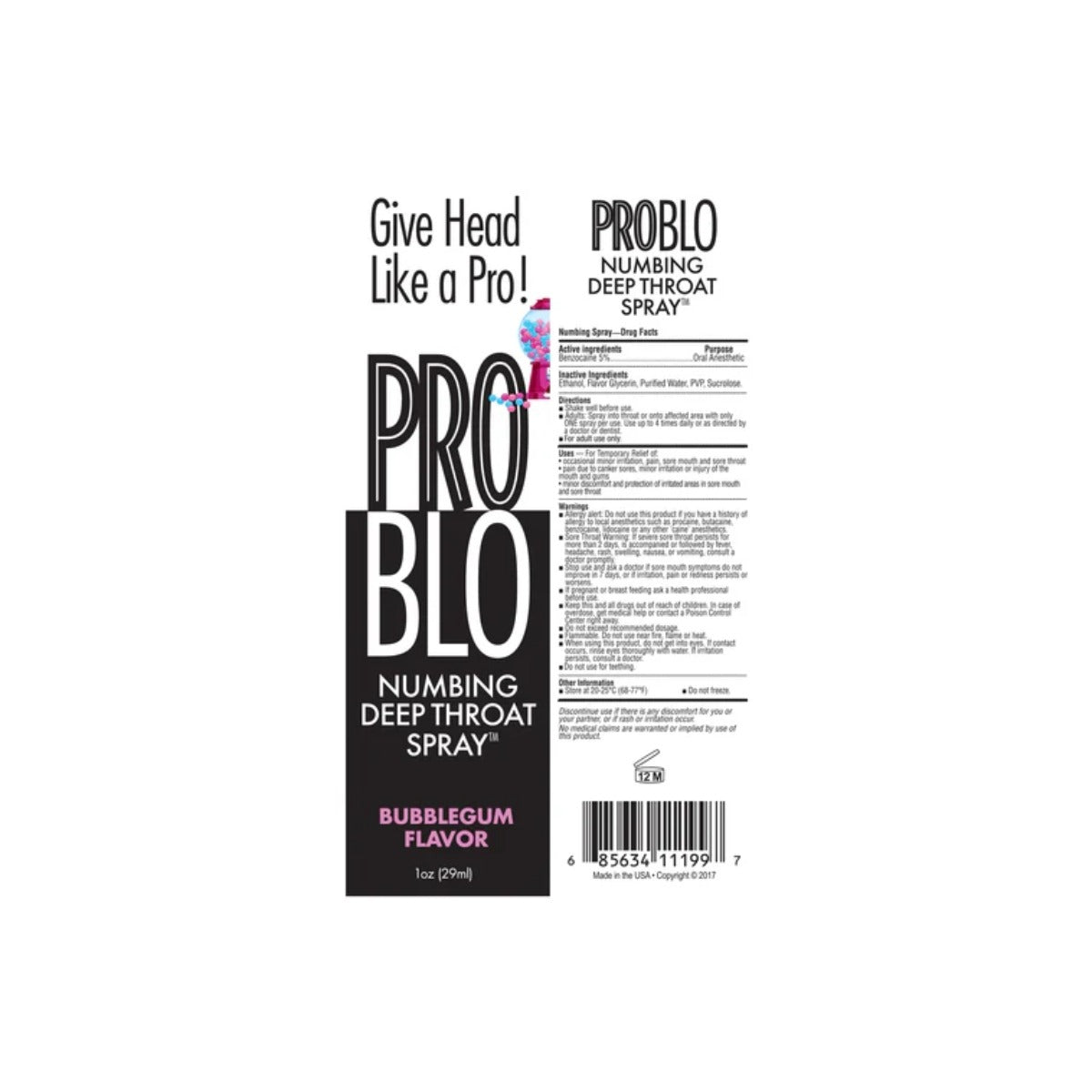 Pro Blo Numbing Deep Throat Spray Bubblegum 1oz