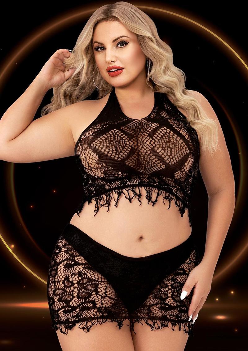 Lapdance 2 Piece Crop Top & Skirt Set Black Queen Size