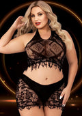 Lapdance 2 Piece Crop Top & Skirt Set Black Queen Size