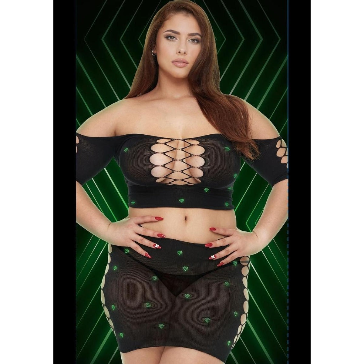 Lapdance Diamond 2 Piece Crop Top & Shirt Set Glow In The Dark Q