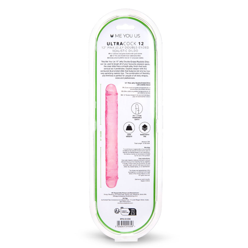 Me You Us Ultra Cock Jelly Double Ended Dildo Pink 12 Inch