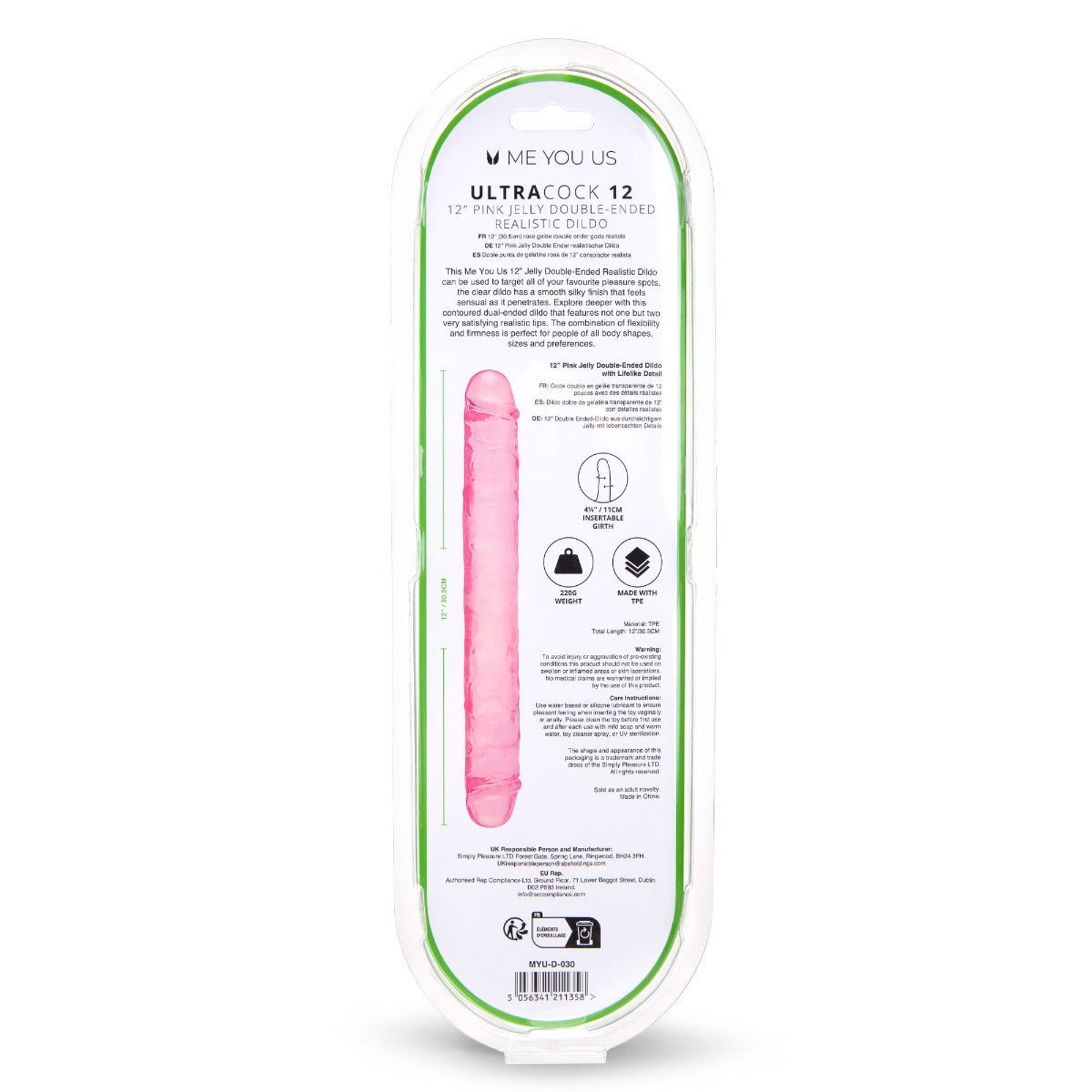 Me You Us Ultra Cock Jelly Double Ended Dildo Pink 12 Inch