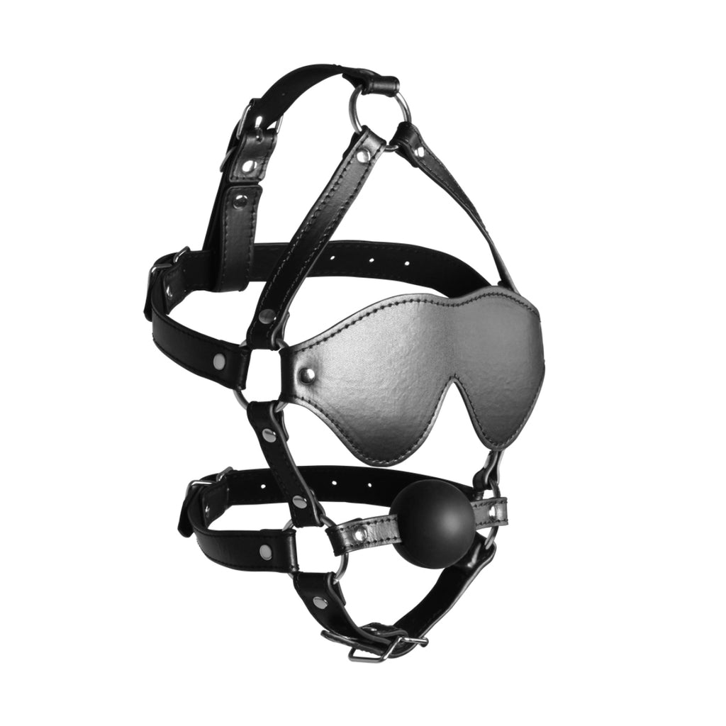 Ouch Xtreme Blindfolded Head Harness With Ball Gag Black
