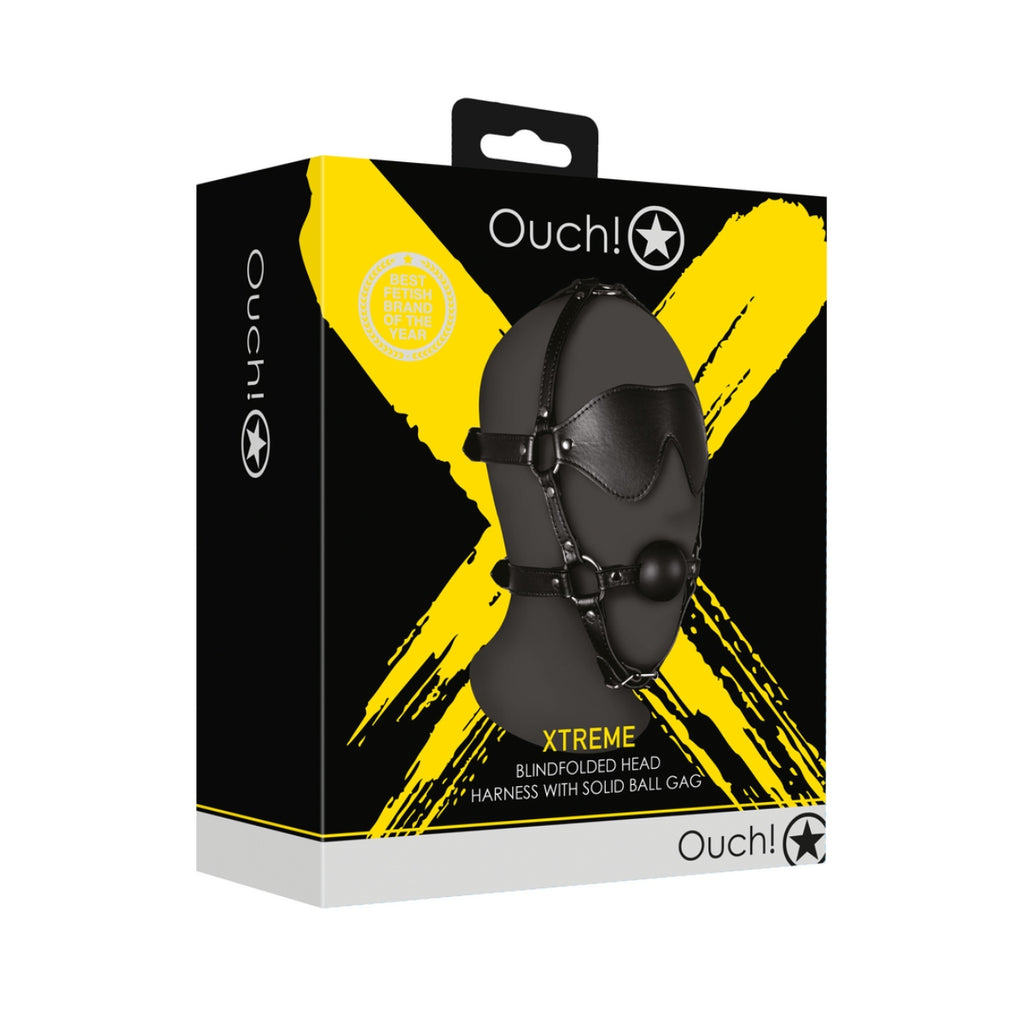 Ouch Xtreme Blindfolded Head Harness With Ball Gag Black